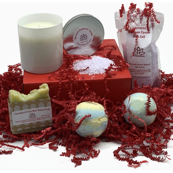 Gift Set for Women - Big Candle, Natural Soap Bar, Bath Epsom Salt and Bath Bombs - Handmade in USA