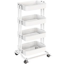Pipishell 4 Tier Metal Rolling Utility Cart, Heavy-Duty Storage Rolling Cart with 2 Lockable Wheels, Multifunctional Mesh Organization Utility Cart for Kitchen Dining Room Living Room, PIUC13W