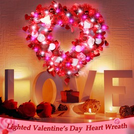 Meonum 12'' Lighted Valentine's Day Wreath Heart Rose Wreath for Front Door Romantic Decor, Timer Light up Rose Heart Wreath with Glitter Heart Red Pink White Light for Valentine's Day Wedding