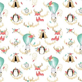 100 x 160 cm Hedgehog Fox Indian, 100% Cotton Fabric, Children, Sold by the Metre, Craft, Sewing Fabric (Hedgehog, Fox, Indian, White, 100 x 160 cm)