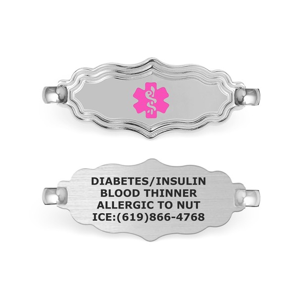 Divoti Custom Engraved 316L Medical ID Tags - Victorian Art Deco Womens Medical ID Tag for Bracelet - Horizontally Connect - Pink