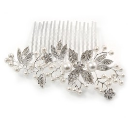 Bridal/Wedding/Prom/Party Rhodium Plated Clear Austrian Crystal Glass Pearl Floral Side Hair Comb - 90mm