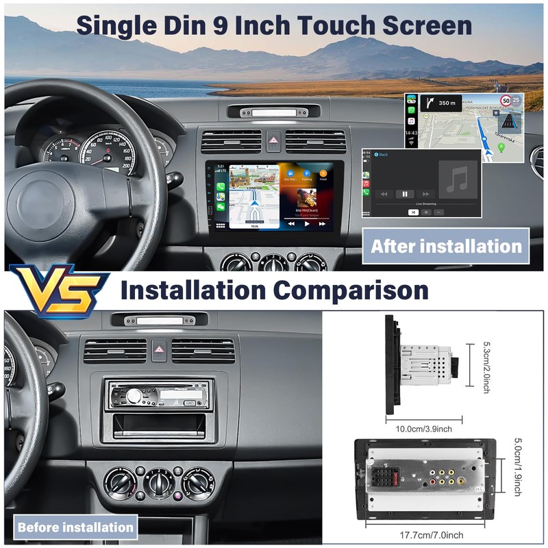 UNITOPSCI 9 Inch Single Din Wireless Apple CarPlay Android Auto