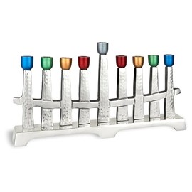 Zion Judaica - Vela moderna Menorah - Colores en horizonte de aluminio Menorah Multi Colores Copas anodizadas Vela Menorah Se adapta a velas estándar de Janucá
