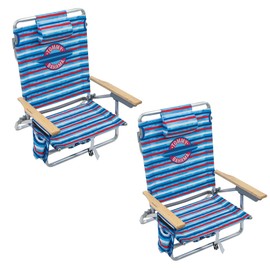 Tommy Bahama 2-Pack 5-Position Classic Lay Flat Backpack Beach Chair with Cooler and Cup Holder, Portable Folding Beach Chair for Tanning, Red/White/Blue