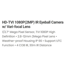 Eyemax TIB-B32V-W HD-TVI 1080P Eyeball Night Vision Camera 2.8-12mm Vari Focal Lens in/Outdoor use Dark Gray Color