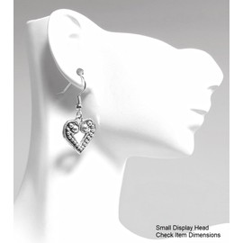 Medium Heart with Open Center, Beaded Outside Edge - 19x17mm - Silver alloy charm dangle earrings. Hypoallergenic Stainless-Steel Fishhook or Silver Plated Ball-Post, or Clip-on Earrings Opt.