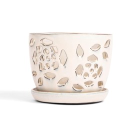 rePotme 5 inch Orchid Pot - Floral Cutout Ceramic Orchid Pot with Holes (White Diamond) - Includes 5 inch Slotted Pot Liner