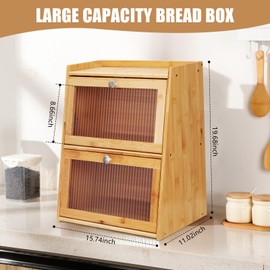 Bread Box for Kitchen Countertop, 2 Layer Bamboo Bread box Holder Large Capacity Bread Storage Container for Homemade Bread Farmhouse Breadbox Organizer for Kitchen Counter Corner, Pantry Shelf