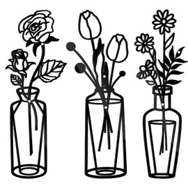 Zercart 3 Pieces Metal Flower Black Wal Art Decoration, Black Wire Art, Black Metal Wall Art for Kitchen, Black Flower in Vase Wire Wall Hanging Decor for Living Room Bathroom Bedroom Patio Balcony