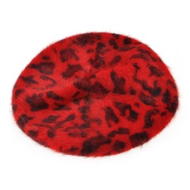ZLYC Womens Rabbit Fur French Beret Hat Leopard Print (Red)