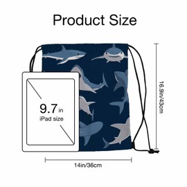 Sotunad Drawstring Backpack Bag Sports Gym Sack Blue Shark Wildlife Sea Animal Swimming Blue White Shoe Bag for Women Men 14x16.9 Inch