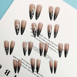 Wedity 24 PCS Moon Stars Fake Nail Love Heart Pearl Wave Acrylic False Nails Press on Nails Pointed Artificial False Nails for Women Girls (B)