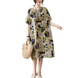 LUZU JUNU Women's Summer Baggy Plus Size Loose Cotton Linen Long Boho Beach Dress with Pockets (US,Alpha,One Size,Regular,Regular,C025-568 Floral)