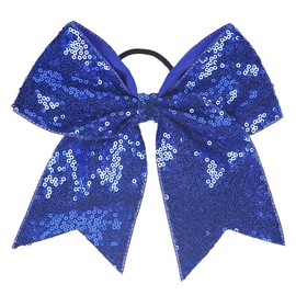 8 Inch Bow Hair Tie for Women Girls Cheerleader Dark Blue Sequin Hair Bow for Cheerleading Hair Accessories for Women Girls Blue Cheer Bow for Cheerleader Cheer Accessories for Girls Daughter Sister