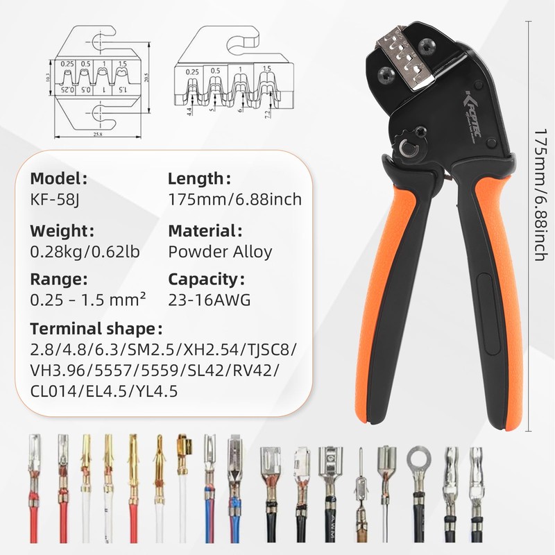 KF CPTEC Ratcheting Crimping Tool for Open Barrel Terminals, for