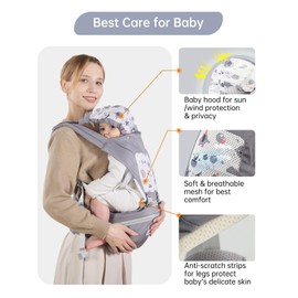 Baby Carrier with Hip Seat, 6 in 1 Baby Carrier Newborn to Toddler, Adjustable Infant Carrier with Hood, All Seasons & All Position Baby Holder Carrier for 0-36 Months