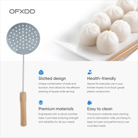 Slotted Skimmer Spoon with Wooden Handle - Stainless Steel Cooking Strainer Skimmer