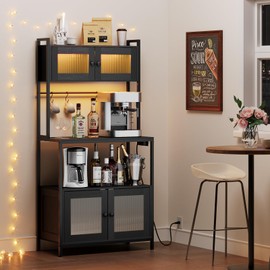 HOOBRO Bakers Rack with Storage Cabinet, 5-Tier Coffee Bar with Power Outlet and LED Lights, Industrial Microwave Oven Stand with Shelves, Kitchen Storage Shelf with Cabinet, Black BB13UDHB01