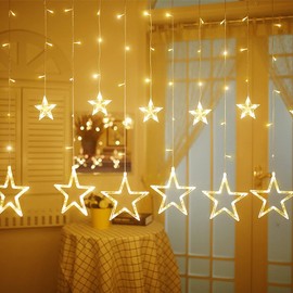 Hwangyd Star led Curtain String Fairy Lights - Plug in Indoor Ourdoor 12 Stars 138 LED Window Twinkle Hanging Lights with 8 Flashing Modes, Decorate for Bedroom Christmas Party Patio, Warm White