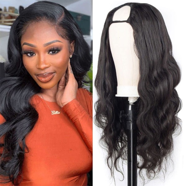 U Part Wig 100% Human Hair Wigs Body Wave for Black Women 150% Density Natural and Soft U Part Hair Extensions Clip In Half No Sew in Glueless Wigs 16 Inch Natural Colour