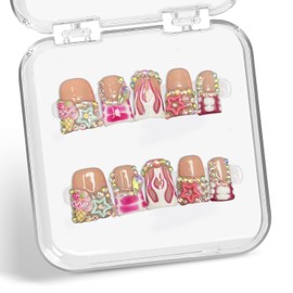 Handmade Press on Nails Short Duck 3D Rhinestones French Tip Thick Acrylic Fake Nails Pink False Nails with Cute Stars Ice Cream Designs Muti-Layer Gel Stick on Nail Art Press on Nail for Womenï¼ˆS)