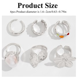 6 Piece Set Retro Metal Flower & Crystal Rings, Faux Pearl Embellishment, Cute Stackable Chunky Silver Rings for Women, Suitable for Women's Everyday Outfit, Celebrations, Parties