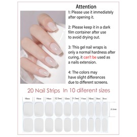 UV Gel Nail Stickers, Milky 20pcs Semi Cured Gel Nail Strips, Wraps for Home Manicure DIY