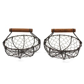 CVHOMEDECO. Round Chicken Wire Egg Baskets Rust Collection Baskets with Wooden Handle Country Vintage Style Storage Baskets Set of 2