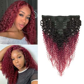Seelaak 22 Inch Ombre Burgundy Remy Clips in Human Hair Extensions Afro Kinky Curly For Black Women 4A 3C 100% Human Hair Clip ins Two Tone #1B/99J Burgundy Wine Red Full Head