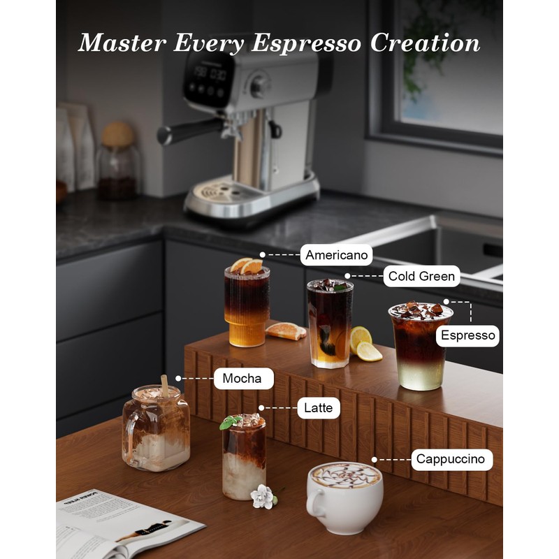 Espresso Machines 20 Bar with LED Touchscreen, Adjustable Temperature(185~203°F) Timing(25~60s),
