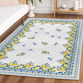 Artoid Mode Blue Lemon Iris Summer Area Rug, Seasonal Home Decor Low-Profile Washable Area Rugs for Bedroom Living Room Laundry Room Dining Room Kids Nursery Indoor 5x7 Feet