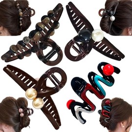 4pcs Big Hair Claw Clips-5"Extra-Large Nonslip Jaw Clips Brown Butterfly Pearl Clamps for Women Thick Long