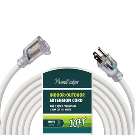 GreenProsper 10 FT White Extension Cord with Lighted End, 12 AWG 3 Prong Indoor Outdoor Heavy Duty Waterproof Power Cable for Major Appliance, 12/3 SJTW UL Listed