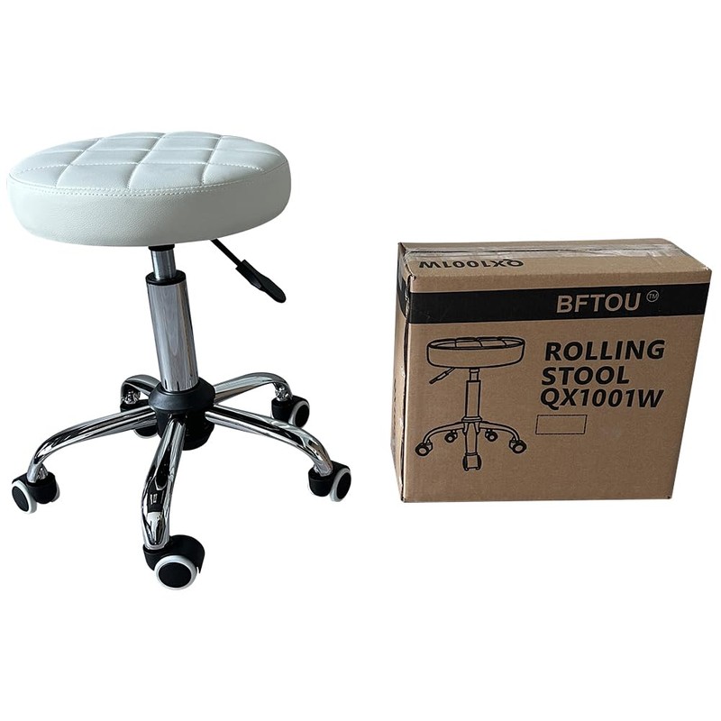 BFTOU White Classic Swivel Stool with Wheel for Salon Work