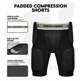 Penveer 5.0 Youth Football Girdle for Boys with Cup Pocket - Padded Compression Shorts with Integrated Hip, Thigh & Tailbone Pads for Maximum Protection (Black, YS)