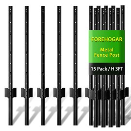 FOREHOGAR Metal Fence Post 3 Feet Black, Pack of 15, T Posts for Wire Fence, No Dig Steel U Posts Fencing for Lawn Garden Wire Mesh Fence Poles Sign Outdoor Light Duty