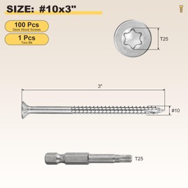 METALLIXITY Deck Screws (#10x3") 100Pcs, 410 Stainless Steel Wood Screw Decking Screws with T25 Torx Drive Head - for Wood Fence, Table, Chairs, Silver
