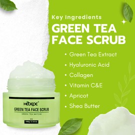 Hebepe Green Tea Matcha Face Scrub, Exfoliating Cleanser with Hyaluronic Acid, Collagen, Vitamin C & E, Apricot, and Shea Butter, Hydrating and Nourishing Facial Exfoliator for Blackhead Removal