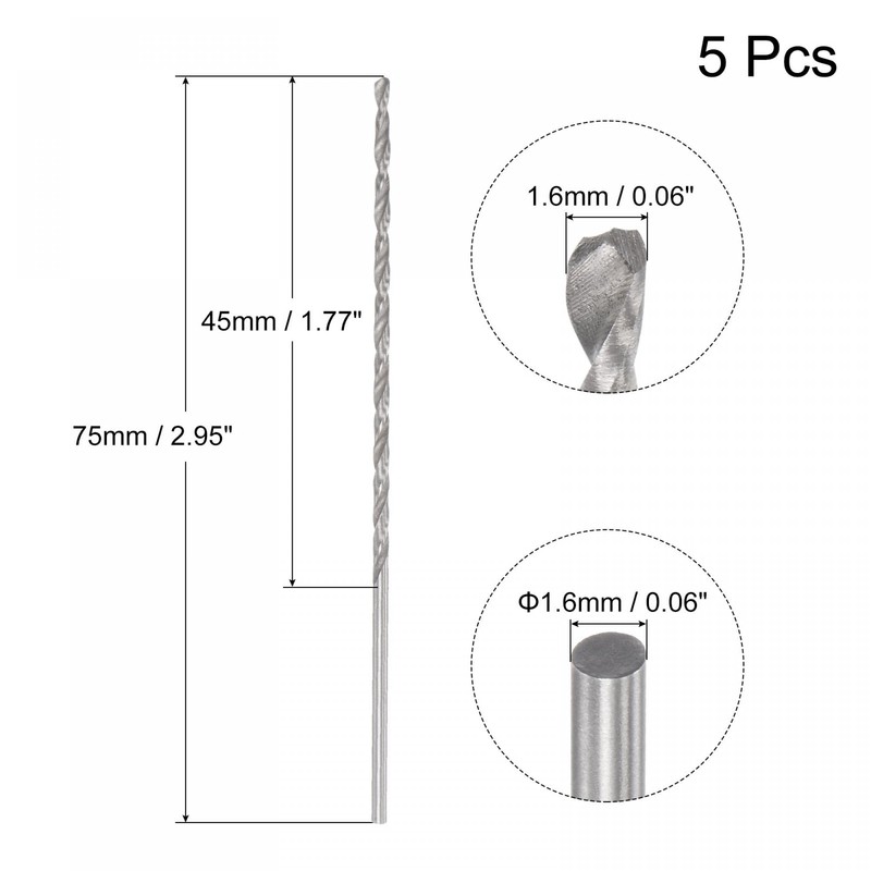 sourcing map 5 Pcs 1.6mm Mini Micro Twist Drill Bits,