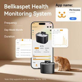 BELLKASPET Bellkaspet Cat Water Fountain, App Control Cat Fountain, 122oz/3.6L Pumpless Water Fountains for Cats Indoor with Stainless Steel Tray, Wi-Fi Dog and Pet Water Fountain (Black, Fountain+2 Fliters)