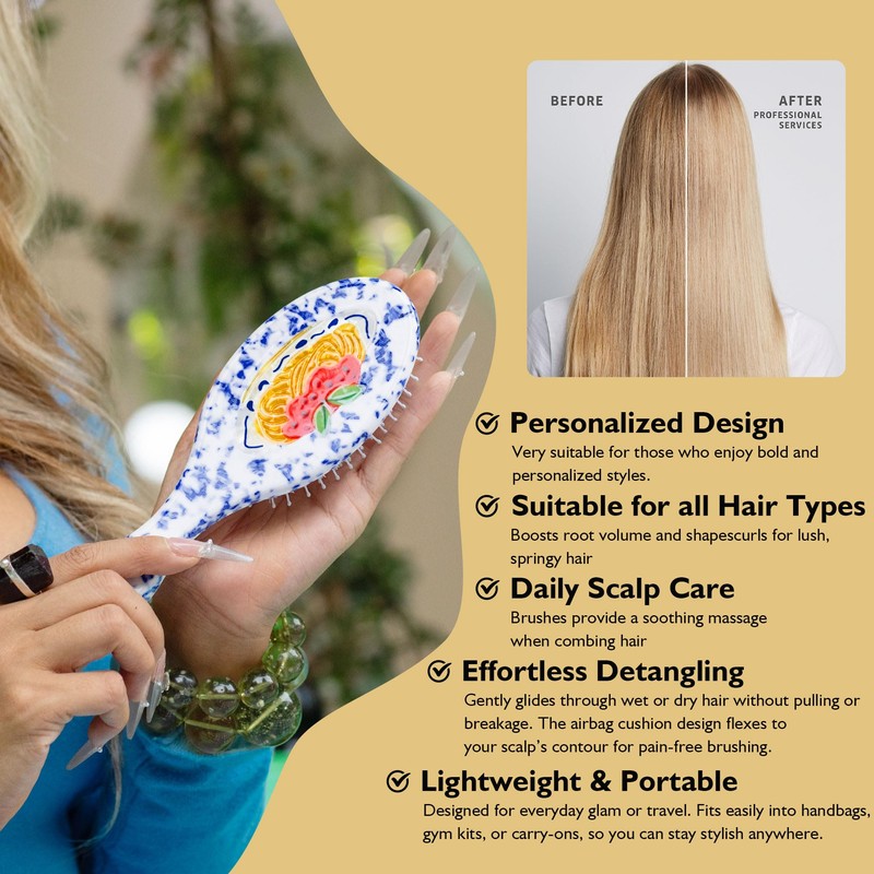 Hand-Painted Hair Brush, Blue White Porcelain Pasta Design Acetate Comb,