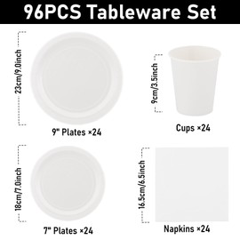 Party Tableware 96 Pieces White Kids Birthday Girls Party Decoration Accessory Set Paper Tableware Set