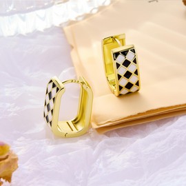 14K Gold Plated Hoop Earrings for Women Trendy Dainty Checkered Hoop Earrings White Black Enamel Sterling Silver Post Hypoallergenic Chic Checker Small Chunky Huggie Hoops Earring