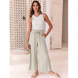 ANRABESS Women Linen Pants Casual Loose High Waist Boho Wide Leg Cropped Palazzo Beach Pants Summer Outfits 2025 Trendy Beige X-Large