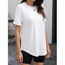 LANSHIRIAC Short Sleeve Shirts for Women Oversized T Shirts Crewneck Business Basic Casual Tee Loose Fit Summer Workout Tops Trendy Fashion Clothes White