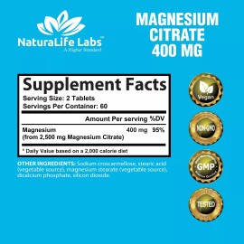 NaturaLife Labs Magnesium Citrate 400mg elemental magnesium 120 tablets vegan
