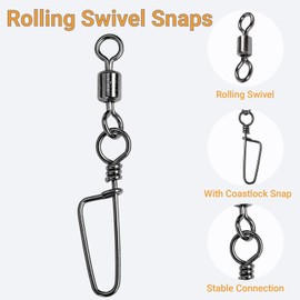 AMYSPORTS High Strength Fishing Snaps Freshwater Barrel Rolling Snap Swivels Steel Lure Connector Fishing Swivel Stainless Black Nickel, 50pcs, 15lb