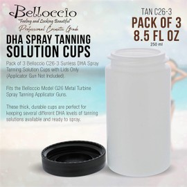 Belloccio C6 Sunless DHA Spray Tanning Solution Cups with Lids (Pack of 3) - 8 oz. Plastic Cups Fit Belloccio Model G6 Metal Turbine Spray Tanning Applicator Gun - Replacement Jars, Storage Bottles