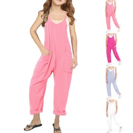 UK loees Jumpsuits for Girls Kids Casual Sleeveless Jumpsuits Spaghetti Strap Romper Long Pants with Pockets Pink